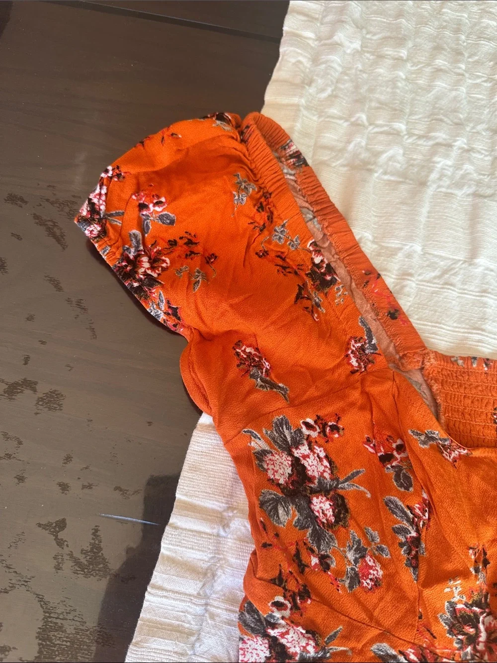 Free People Bright Orange Floral Button-Up Puff Sleeve Top